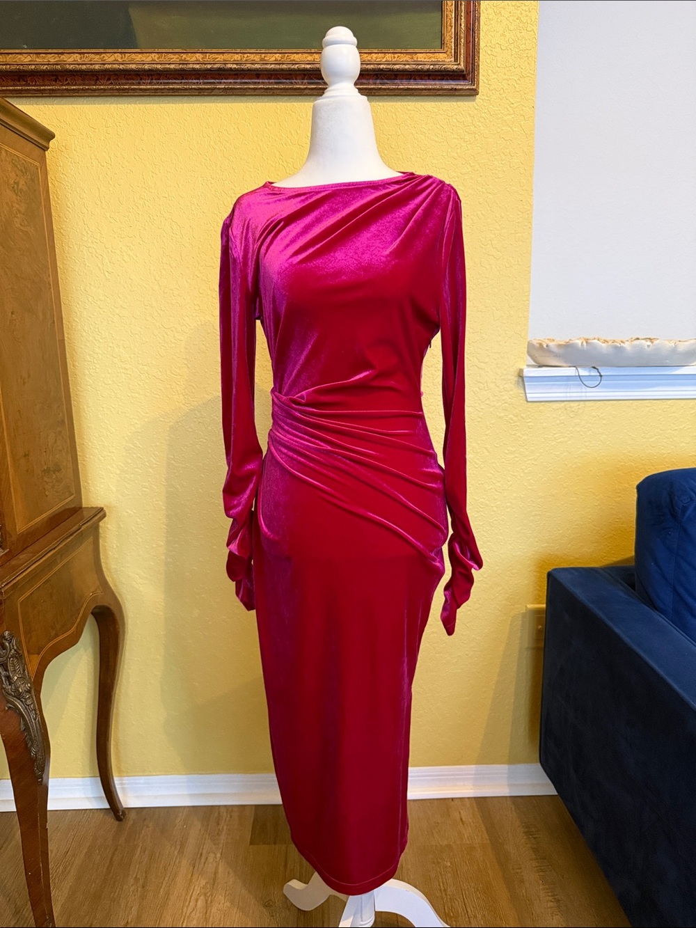 Sam Edelman Magenta Long-Sleeve Ruched Midi Dress